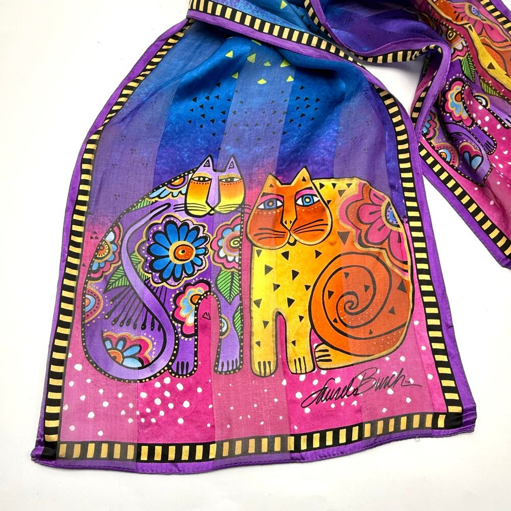 Laurel Burch Colorful Cats Silky Scarf 11x53 Boho Multicolor Rainbow Kittens - Picture 4 of 8